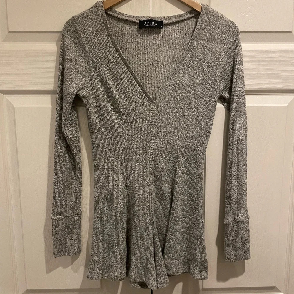 Gray Cozy Akira Long Sleeve‎ Lounge Romper
